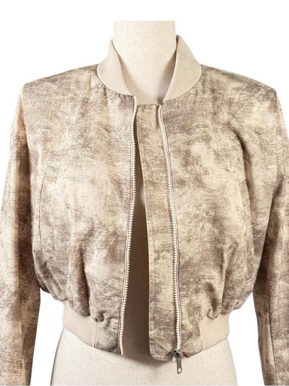 ZARA Women’s Neutral-Tone CROPPED Bomber Jacket - SIZE M